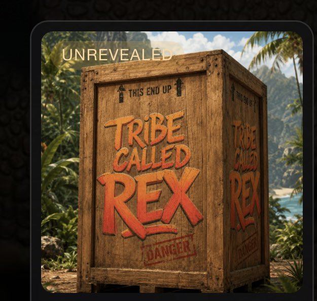 A promotional graphic featuring a wooden crate stamped with "TRIBE CALLED REX" in orange lettering, marked "DANGER" and "THIS END UP," set against a jungle backdrop with "UNREVEALED" in the upper left.