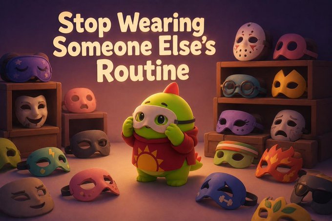 Whimsical 3D illustration featuring a green dinosaur character in the center holding a white mask, surrounded by various colorful masks on shelves and the floor, with text reading 'Stop Wearing Someone Else's Routine'.