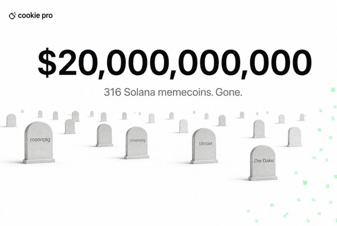 A Cookie Pro infographic displays the bold figure "$20,000,000,000" with the subtitle "316 Solana memecoins. Gone." beneath a graveyard of tombstones labeled with failed coin names like "moonpig," "moonpigly," "litcoin," and "Der Daku," visually representing the massive $20 billion market cap loss of dead Solana memecoins mentioned in the post.