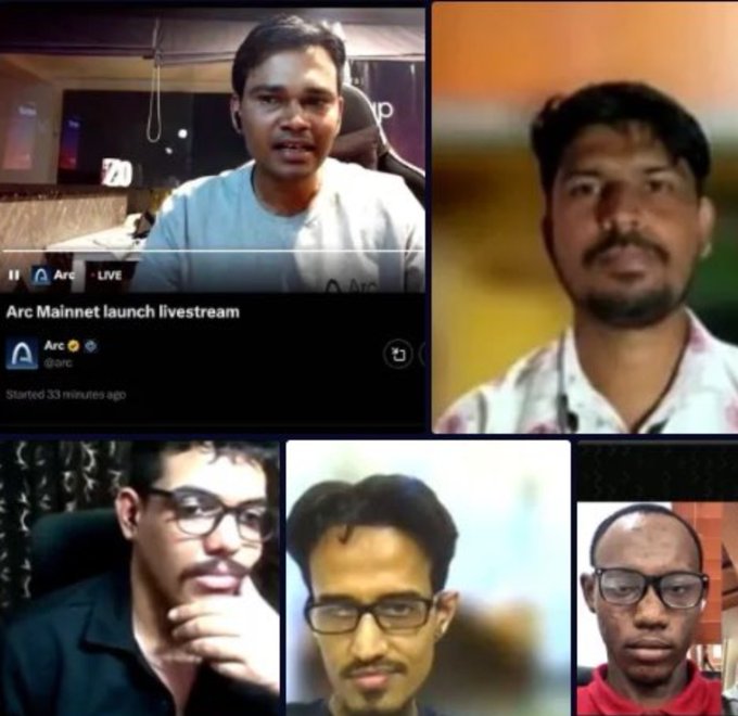 Screenshot of an X/Twitter livestream titled 'Arc Mainnet launch livestream' by @arc, showing five participants in a video call grid.