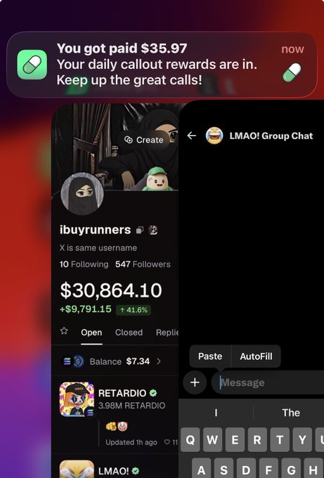 A smartphone screenshot showing a notification that reads 'You got paid $35.97 Your daily callout rewards are in.', above a stock trading app displaying a user profile for 'ibuyrunners' with a balance of '$30,864.10' and a chat interface open.
