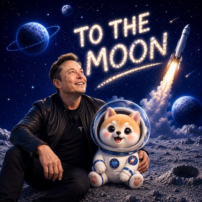 Elon Musk and a Shiba Inu in a spacesuit sit on the moon under a starry sky with the words "TO THE MOON" and a rocket, embodying the post's bullish sentiment towards $ASTEROID and space-themed cryptocurrencies.