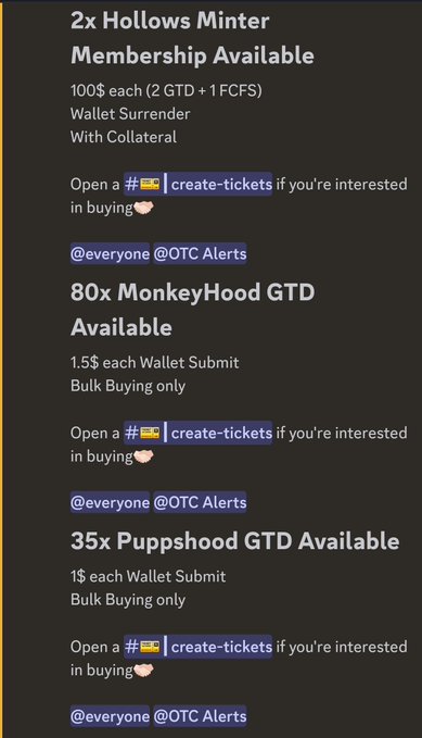 A Discord-style announcement listing NFT and crypto collectibles for sale, including '2x Hollows Minter Membership' for 100$ each, '80x MonkeyHood GTD' for 1.5$ each, and '35x Puppishood GTD' for 1$ each.