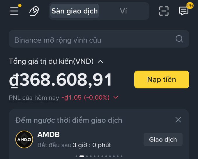 Binance app screenshot in Vietnamese showing total estimated value of ₫368,608,91 VND with today's PNL of -₫1,05 (-0.00%) and AMDB countdown event starting in 3 hours.