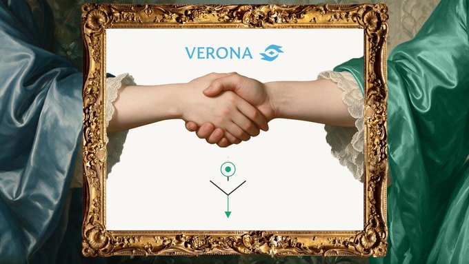 An ornate golden picture frame displays a classical painting of two arms shaking hands, with the text "VERONA" and a logo overlaid at the top.