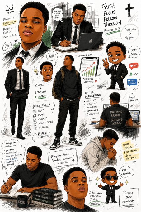 A hand-drawn sketchbook page features a young Black man in various professional poses—wearing suits, hoodies, and casual attire—surrounded by motivational phrases like "Faith Focus Follow Through," "Daily Focus," "Mindset is Everything," and "Discipline today. Freedom tomorrow." The image's themes of perseverance, growth, and intentional living align with the post's reflective message about slowing down and giving yourself credit for simply making it to a new day.