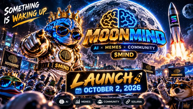 Vibrant promotional graphic for 'MOONMIND' with the text 'SOMETHING IS WAKING UP...' and 'LAUNCH OCTOBER 2, 2026,' featuring an astronaut frog mascot, rocket, and labels for AI, MEMES, COMMUNITY, and SOLANA.