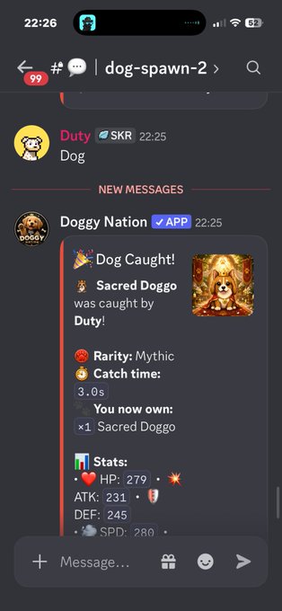 A Discord screenshot from the "dog-spawn-2" channel shows a user named "Duty" catching a Mythic "Sacred Doggo" that was caught by "Doggy Nation" in a bot game.