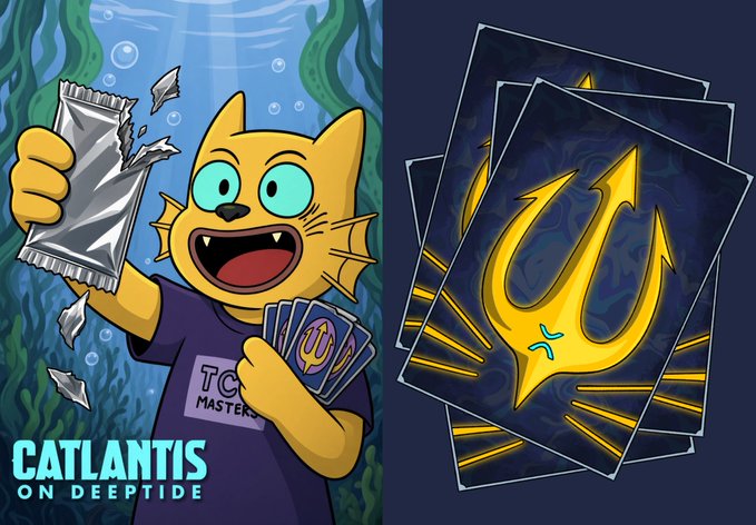 A two-part promotional graphic: on the left, a yellow shark cartoon holding a foil pack with the text 'CATLANTIS ON DEEPTIDE'; on the right, stacked dark cards featuring a glowing golden trident symbol.