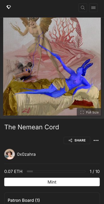 "The Nemean Cord" by 0x0zahra is displayed on a SuperRare NFT listing, showing a surreal painting of a blue rabbit figure on a bed, priced at 0.07 ETH as item 1 of 10.