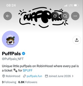 A Twitter/X profile page showing PuffPals (@Puffpals_NFT) NFT project on RobinHood, with the tagline 'Unique little puffpals on RobinHood where every pal is a ticket for $PUFF', created in June 2026.