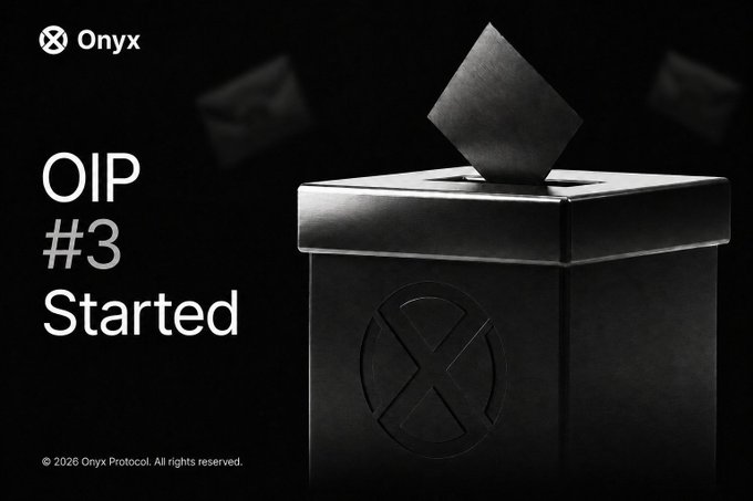 A sleek black ballot box with the Onyx logo receives a vote, accompanied by the text "OIP #3 Started" to announce the launch of the Onyx Mainnet Rewards Program and Staking APR proposal.