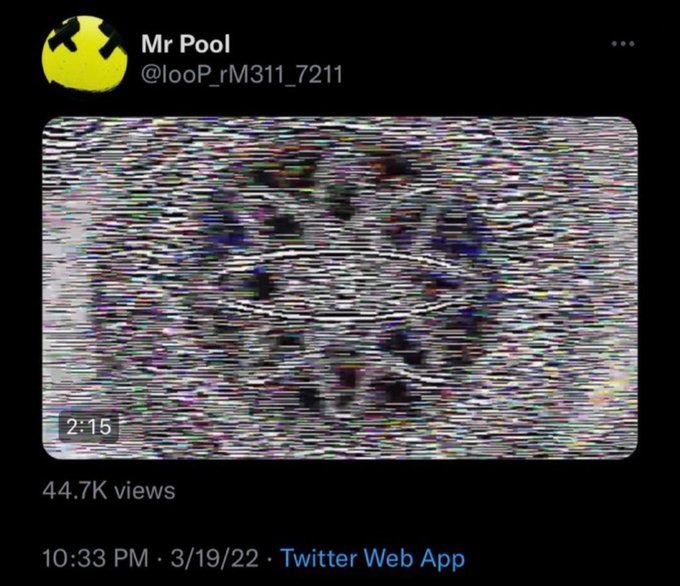 A Twitter screenshot from user "Mr Pool" (@looP_rM311_7211) showing a 2:15 video with heavy static/glitch interference displaying what appears to be distorted imagery, posted on 3/19/22 with 44.7K views. The accompanying commentary suggests the post's date (3/19) mirrors as 9/13, connecting it to the XPR hack, implying Mr Pool deliberately released this cryptic video the day after the attack.