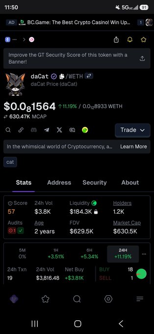 A screenshot of the daCat cryptocurrency token page showing a price of $0.0₈1564, market cap of $630.47K, and various stats including a 57 security score and 1.2K holders.