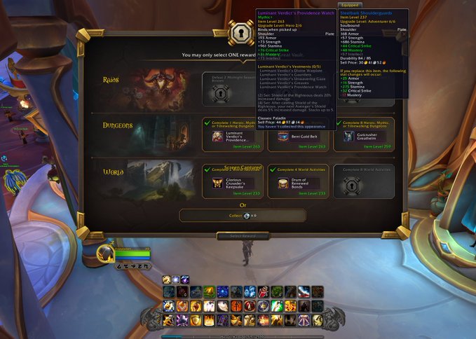 A World of Warcraft character selection screen showing options for raids, dungeons, and world content with player level and loot priority tooltips visible.