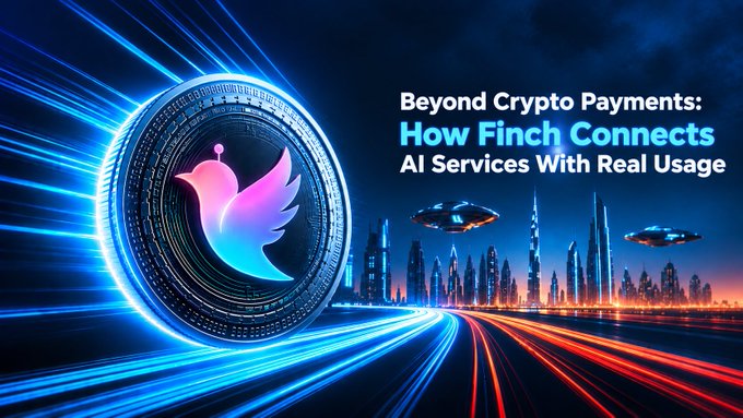 A futuristic cityscape at night features a glowing blue coin with a pink and blue bird logo, alongside text reading 'Beyond Crypto Payments: How Finch Connects AI Services With Real Usage'.