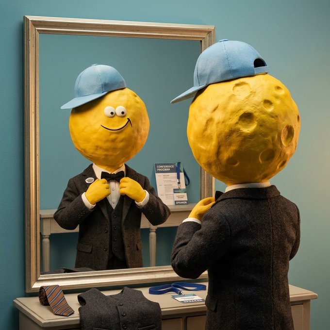A whimsical illustration of a figure with a smiling moon for a head, wearing a blue baseball cap and a black suit, looking at itself in a mirror while adjusting a bow tie.