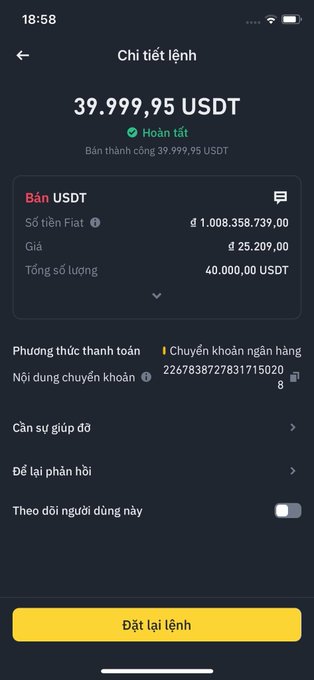 The image shows a completed crypto transaction order in Vietnamese on a dark-themed app, displaying a successful sell of 39,999.95 USDT for approximately 1,008,358,739 VND (Vietnamese Dong) at a rate of ₫25,209 per USDT. This illustrates the kind of large USDT-to-VND trade activity relevant to the post's warning about crypto traders in Vietnam facing tax compliance issues and potential legal troubles.