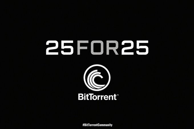 A black graphic with white text reading '25FOR25' and the BitTorrent logo, with the hashtag '#BitTorrentCommunity' at the bottom.