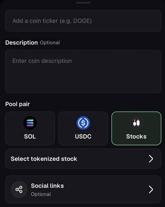 The image shows a coin creation form with a "Pool pair" selector highlighting "Stocks" (alongside SOL and USDC options) and a "Select tokenized stock" button, illustrating the post's claim about pumpfun's upcoming stock-paired memecoin launch.