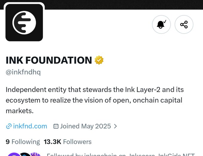 A Twitter/X profile page for "INK FOUNDATION" (@inkfndhq), described as an independent entity stewarding the Ink Layer-2 ecosystem for open onchain capital markets, with 13.3K followers and a notification bell icon shown as activated—aligning with the post about enabling notifications while awaiting tokenomics and TGE details for $ink.
