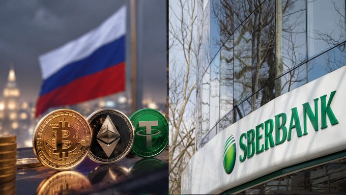 A split image showing the Russian flag with cryptocurrency coins (Bitcoin, Ethereum, Tether) on the left, and a Sberbank building exterior on the right.