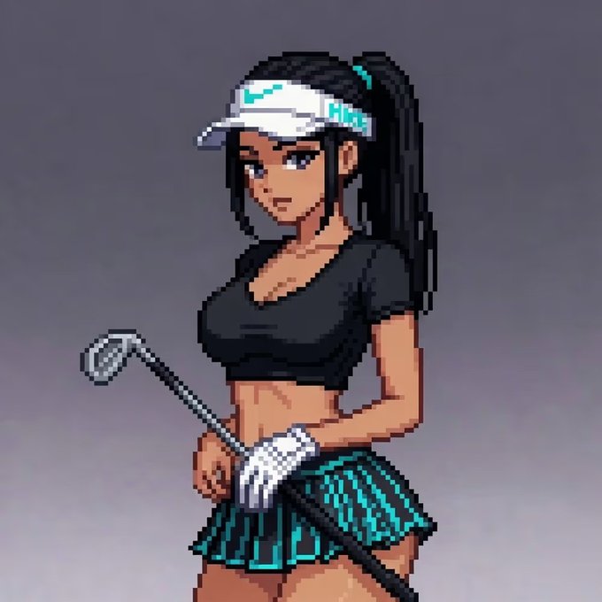 A pixel art style illustration of a dark-haired woman wearing a white 'HMT' visor, black crop top, and striped skirt, holding a golf club.
