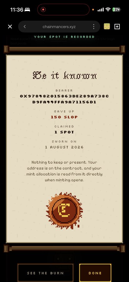 A mobile screenshot from chainmancers.xyz displays a pixel-art scroll certifying a claimed spot for a "150 SLP" giveaway tied to a crypto address, with the user noting preparation for "tomorrow," suggesting they are gearing up to mint or claim an NFT drop.
