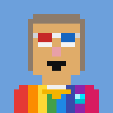 A pixel art portrait of a person with one red eye and one blue eye wearing a rainbow-colored shirt against a blue background.