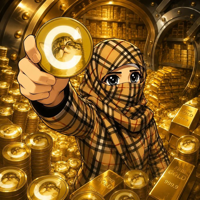 An anime-style character wearing a plaid-patterned face covering holds up a gold coin featuring a cat's image, surrounded by stacks of gold bars marked 'FINE GOLD 999.9' in a vault.