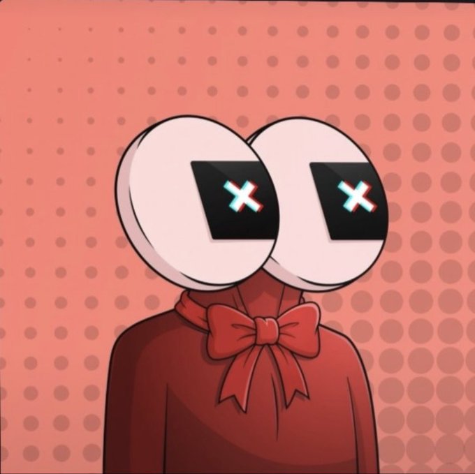 A red cartoon figure with large white eyes displaying X marks wears a bow tie, set against a pink halftone-dotted background. The image's mysterious, alert expression complements the post's theme of uncovering hidden developments and curiosity about the unfolding Fomies NFT project.