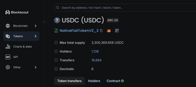 A Blockscout blockchain explorer page showing details for USDC (USDC) ERC-20 token with 3,300,369,658 max supply, 1,136 holders, and 16,684 transfers.