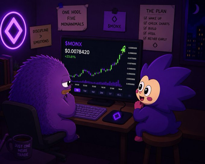The image depicts a cartoon-like scene of two characters, a large purple monster with big eyes and a smaller blue animal, sitting at a desk looking at a computer monitor displaying a chart that shows an upward trend in cryptocurrency investments. The text on the poster states "Focus on what is in the image and how it relates to the post." It appears to be advertising cryptocurrency trading or investing opportunities.