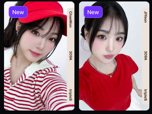 Two side-by-side selfie-style profile pictures labeled 'Chaewon' and 'Jiyeon' from 'tripleS', each marked with 'New' and '309A' tags.