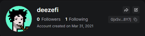 A Spotify-style profile page showing the user "deezefi" with 0 followers, 1 following, and an account created on March 31, 2021, dated to align with the caption about having unknowingly created an account around the time of an early crypto pump.