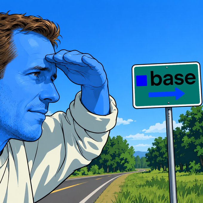 An illustrated image of a person with blue-painted skin looking out into the distance near a road sign pointing to 'base' with a blue logo.