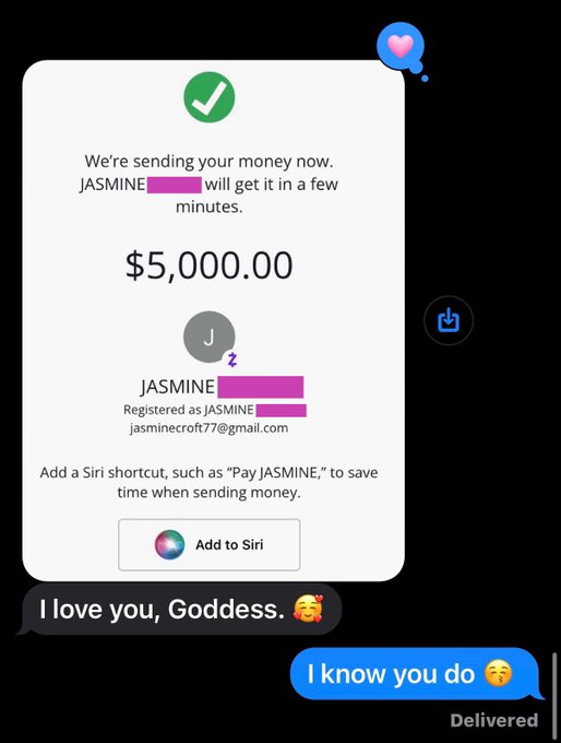 A screenshot of a $5,000.00 payment confirmation screen from a digital payment app, addressed to JASMINE (jasminecroft77@gmail.com), accompanied by playful text messages reading "I love you, Goddess. 🥰" and "I know you do 😌." The image aligns with the post's theme of celebrating an easy $5K day, visually representing the successful transaction referenced in the caption.