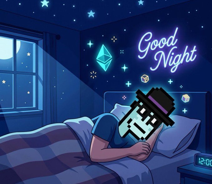 The image features a man lying in bed, wearing a hat and surrounded by stars. The caption of the image reads "Good Night" with an "@River4fun" and "@RiverdotInc" hashtag. This suggests that the image might be related to a social media post or a digital artwork featuring the characters from the video game "River 4 Fun".