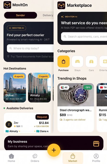 Mobile app interface for MovitOn showing Sender and Marketplace sections, with courier services, hot destinations (Dubai, Almaty), and trending shops including watches.