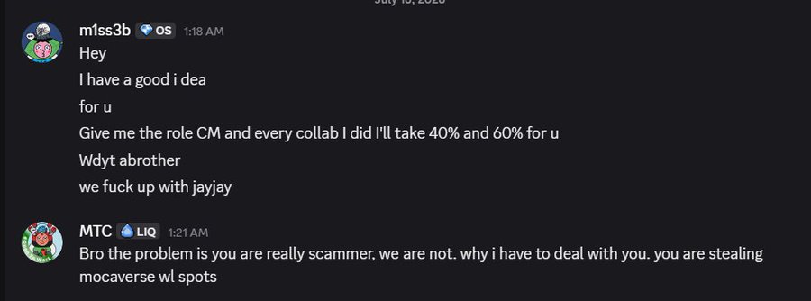 A Discord exchange shows user "m1ss3b" (OS-verified) proposing to user "MTC" (LIQ-verified) that he be given the "CM" role in exchange for taking 40% of collab revenue while giving MTC 60%, followed by MTC accusing m1ss3b of being "really scammer" who is "stealing mocaverse wl spots." The screenshot serves as evidence of the alleged scammer's pitch, supporting the post's warning about a fake "m1ss3b" account exploiting the Mocaverse name to obtain and resell WL spots.