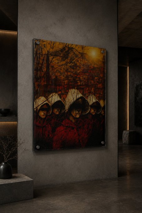 A framed dark-toned painting depicting figures in hooded robes and conical hats set against a red and orange industrial backdrop, displayed on a textured gray wall.
