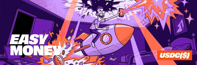 USDC promotional banner with cartoon illustration of a person riding a rocket through a room, with text 'EASY MONEY' and 'USDC($)'.