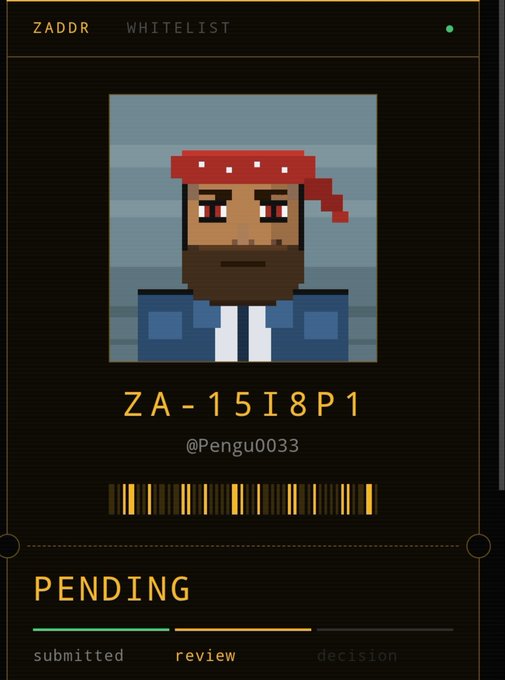 Pixel art profile for ZADDR ZA-15I8P1 (@Pengu0033) showing a bearded character with a red bandana, status marked as 'PENDING' in the review stage.