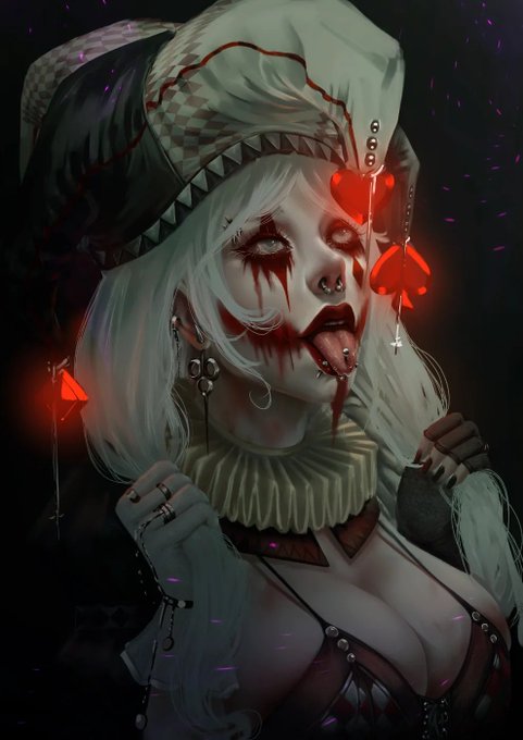 A digital artwork depicts a pale, white-haired jester-like figure with bloody makeup, a heart over one eye, and playing cards in her hair against a dark background.