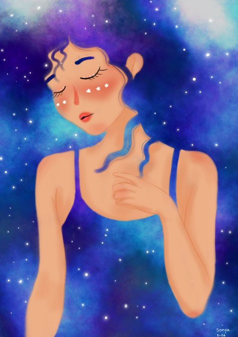 A digital painting of a woman with closed eyes and a serene expression, surrounded by a vibrant blue, starry cosmic background; the artist's signature 'Sonya 2.22' is visible in the bottom right.