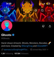 A Twitter/X profile screenshot for @Ghxsts showing hand-drawn artwork with 1.3K following and 107.8K followers, created by @GxngYxng and @JxnetNFT.