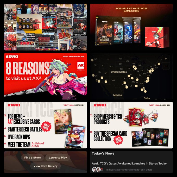A promotional collage for Azuki TCG showcases their AX 2023 booth (#424) at the West Hall, highlighting "8 Reasons to visit us" including TCG demos, exclusive cards, starter deck battles, live pack rips, meet-and-greets, and limited-edition merch like the new "Gates Awakened" set, alongside a U.S. map pinpointing store availability and a news update announcing the Gates Awakened launch. The image reinforces the post's claim by presenting Azuki's aggressive marketing push—with wide retail distribution, anime-style art, and an anime IP collab—mirroring the strategies used by other top-tier TCGs.