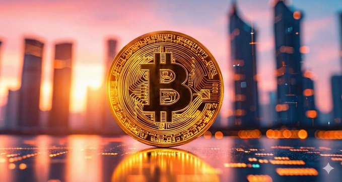 A golden Bitcoin coin is displayed prominently against a blurred city skyline at sunset, with the "B" symbol clearly visible on its surface. The image complements the post's message about Bitcoin's historical resilience and growing institutional adoption by symbolizing the cryptocurrency's enduring presence within the evolving financial landscape.