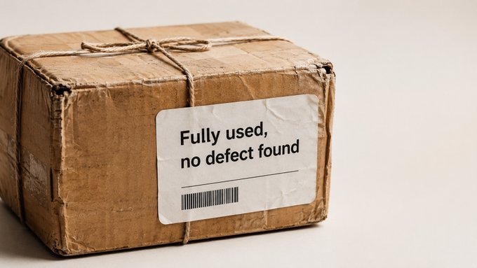 A worn cardboard package tied with twine bearing a shipping label that reads 'Fully used, no defect found' along with a barcode.