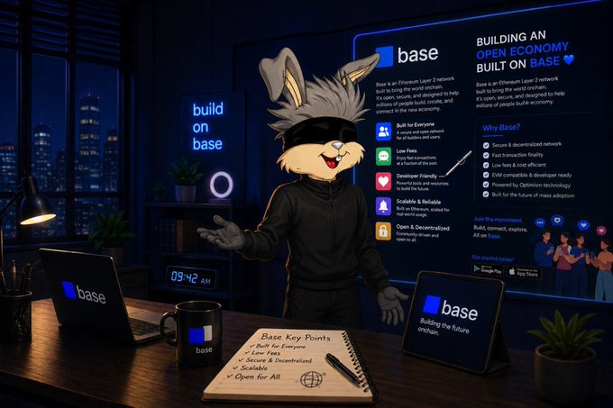 The image features an office scene with two laptops, a desk lamp, and some potted plants. A cartoon rabbit character wearing glasses stands next to the desk holding a notebook and pen. The background includes a poster for Base and a city skyline at night. The caption reads "happy new week to everyone I've been spending more time exploring the @base ecosystem lately, and it'S easy to see why so many builders & users are paying attention to it."